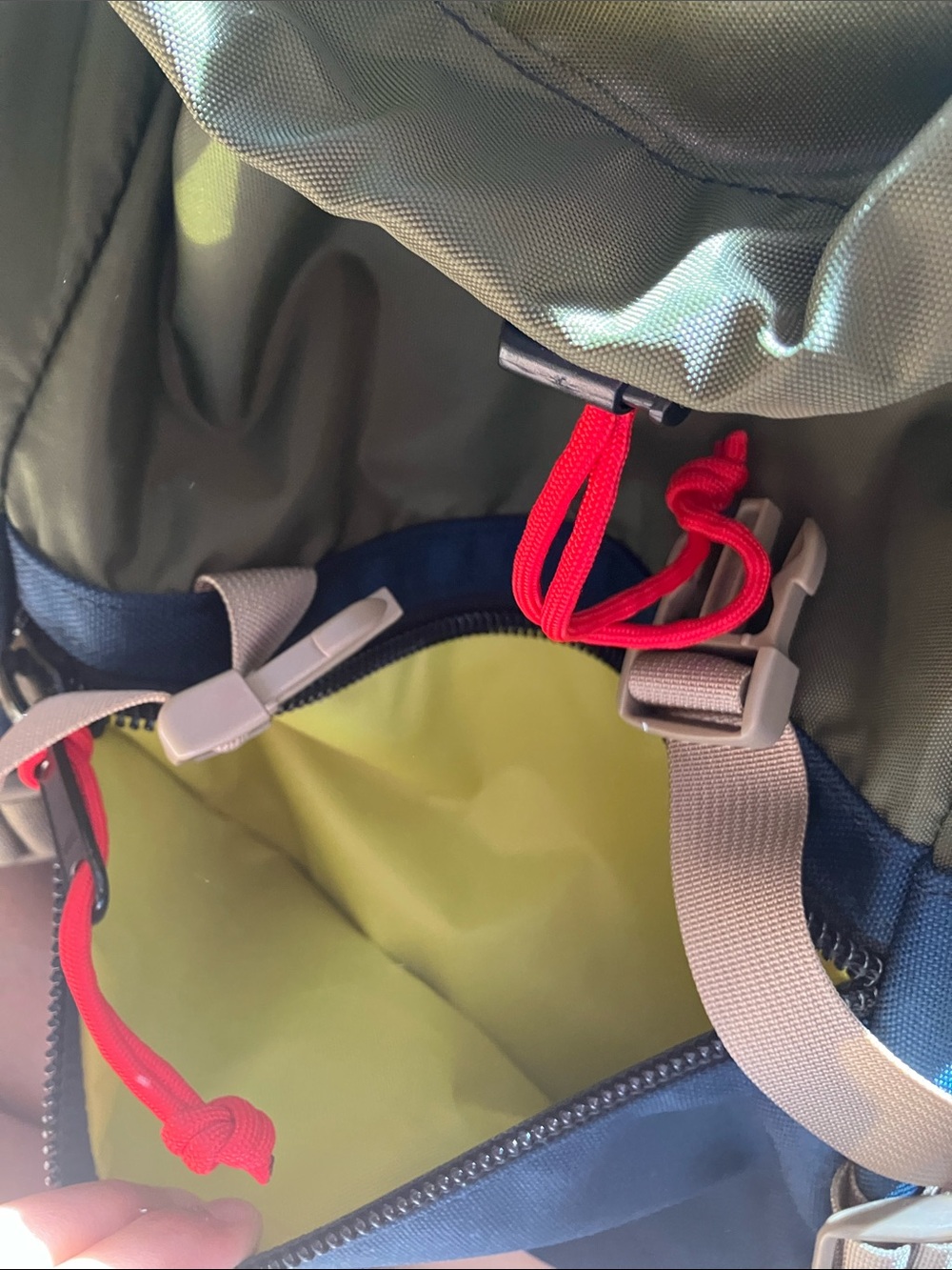 Topo Designs Olive & Navy Men’s Backpack with Tan Straps and Red Cord - Picture 7 of 7